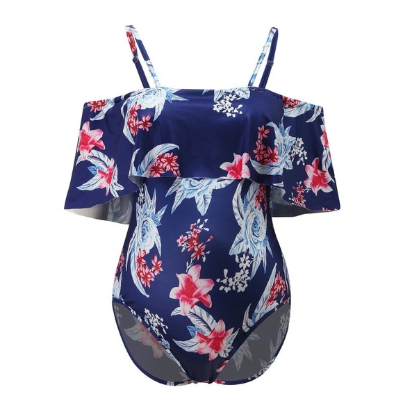 Dark Blue Floral Maternity Swimsuit One Piece Ruffle Spaghetti Straps  Size M - Picture 5 of 7
